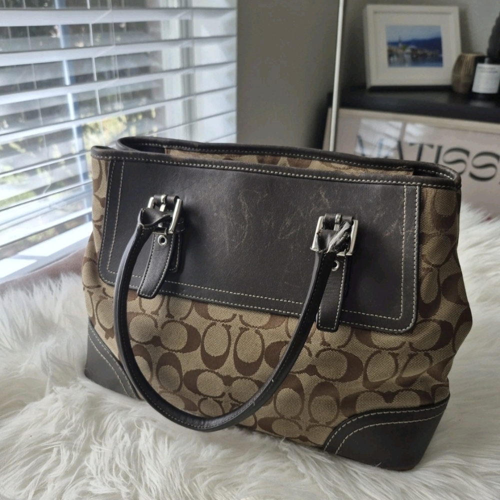 Coach Hamptons Brown Signature Jacquard Leather Shoulder Purse Bag F11220 Y2K